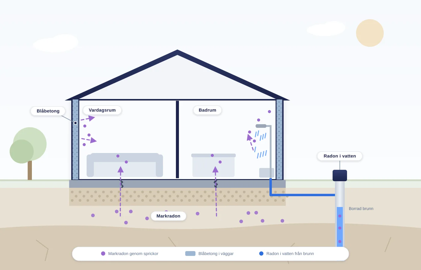 Genomskuret hus som visar markradon genom sprickor i plattan, radon från väggar av blåbetong och radon från vatten i en borrad brunn.